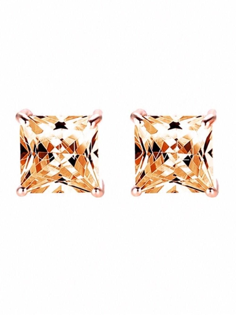 Rose Gold Princess Cut CZ Stud Earrings | Square Champagne CZ